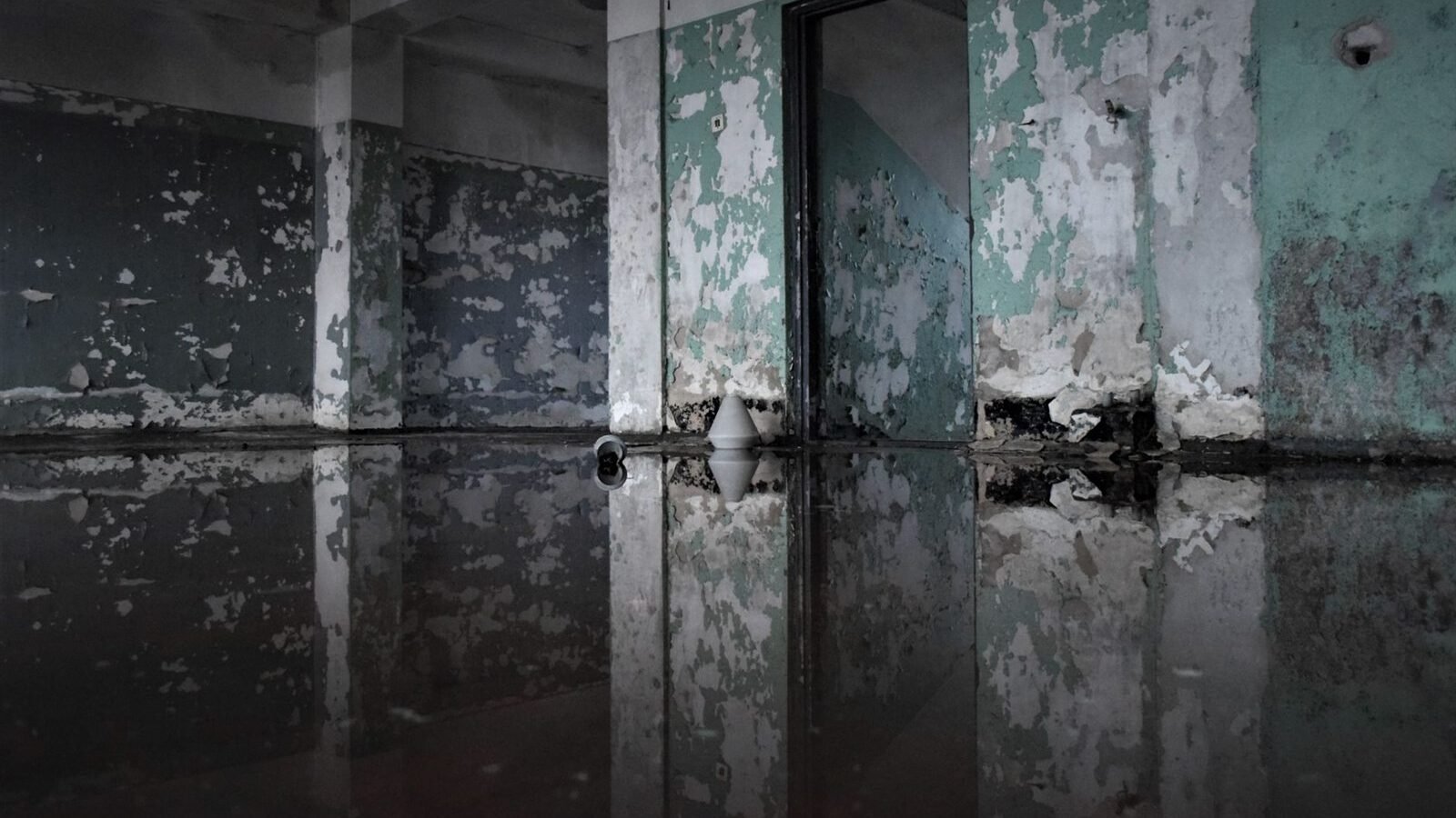 A bare basement interior with standing water across the floor and damp, peeling walls
