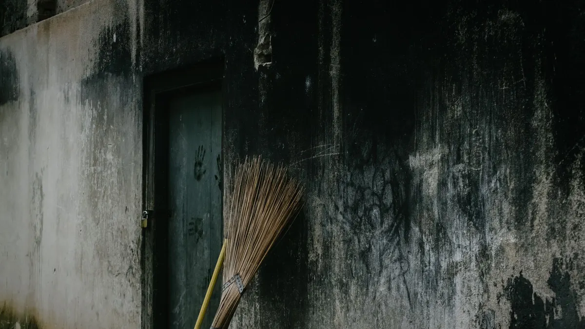 A damp, stained wall with growth across its surface and a broom leaning against it