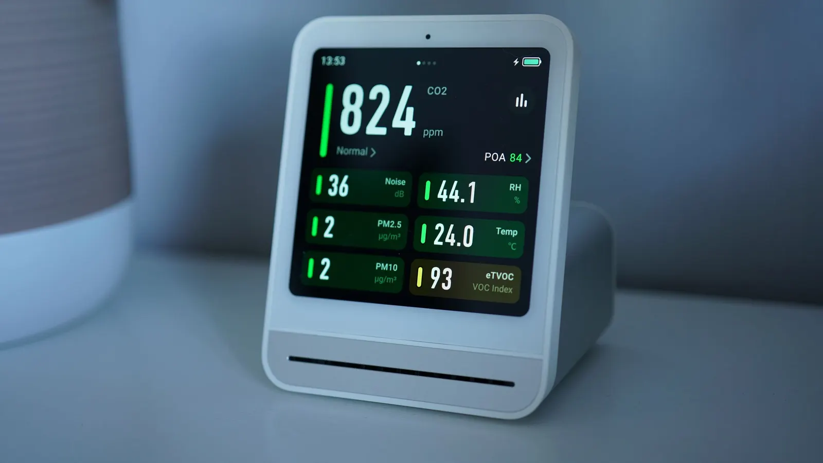 A desktop air quality monitor showing several numeric readings on a colour screen
