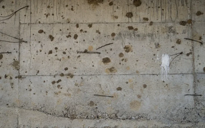 A concrete foundation wall with dark staining and visible form tie marks