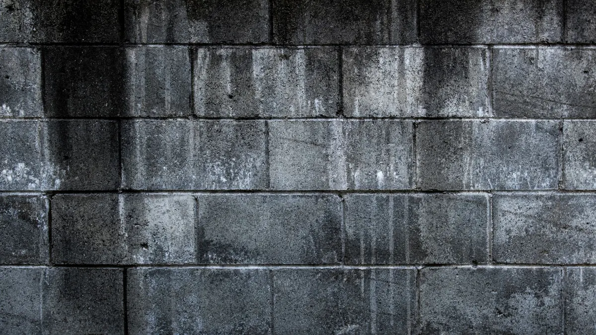 A dark concrete block wall in close-up