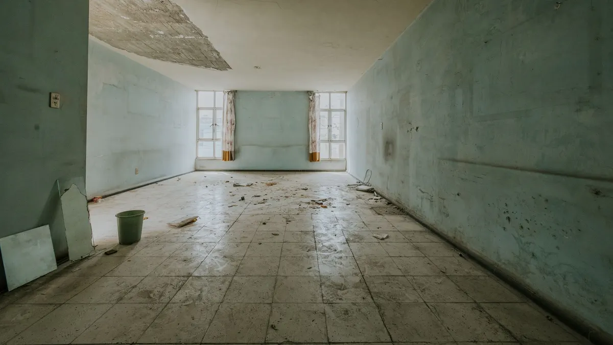 An emptied below-grade room with bare walls, peeling paint and debris on the floor