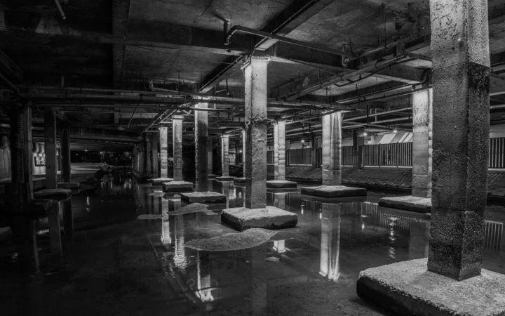 Standing water across the floor of a dark underground space with concrete columns