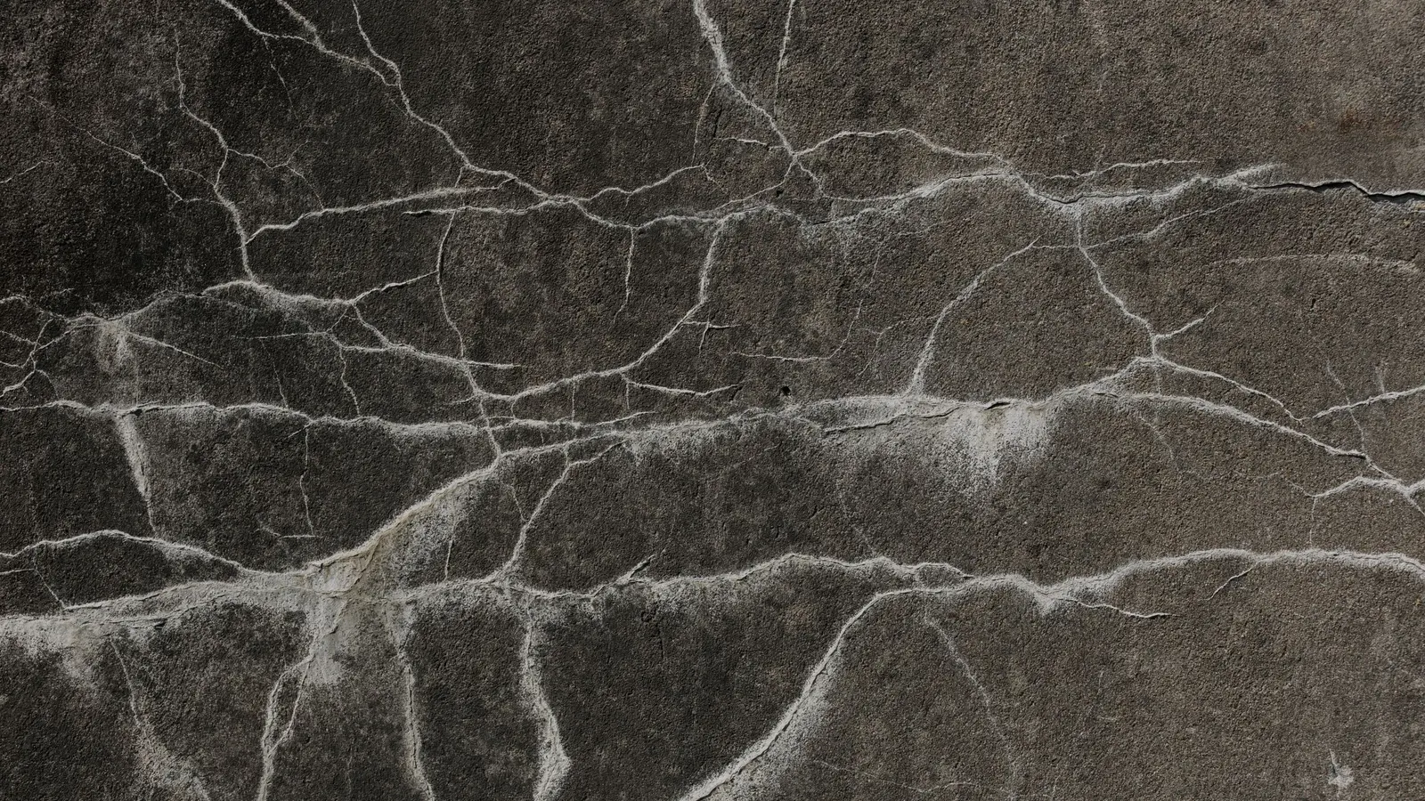 A network of cracks spreading across a grey concrete surface