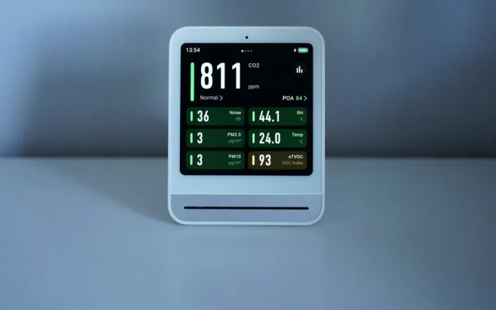 A small indoor air quality monitor on a shelf showing numeric readings on a colour screen