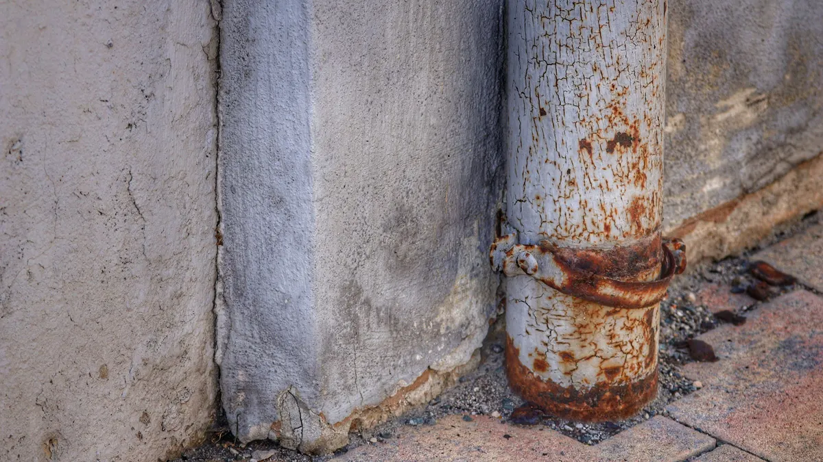 A rusty metal pipe attached to an old, weathered wall
