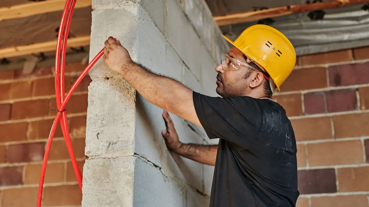 A construction worker in a hard hat working at a brick wall