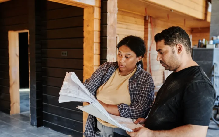 Two people standing outside a building reviewing printed plans together