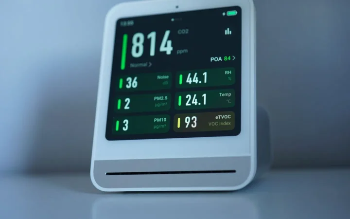 A digital indoor air quality monitor on a shelf showing numeric readings