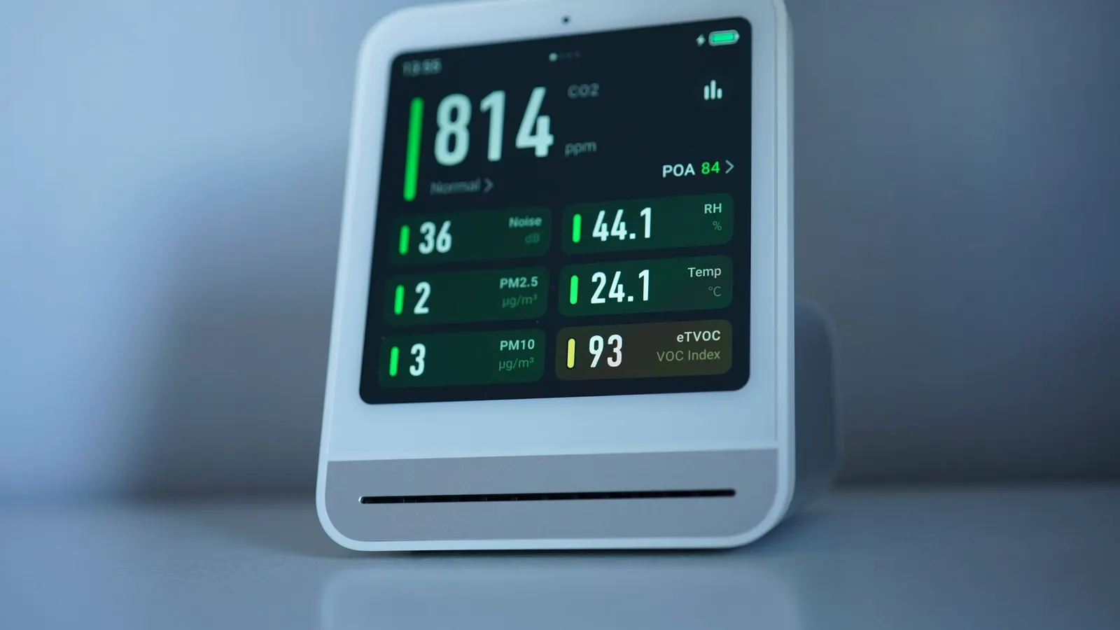 A digital indoor air quality monitor on a shelf showing numeric readings