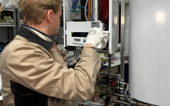 A technician servicing mechanical equipment in a utility room