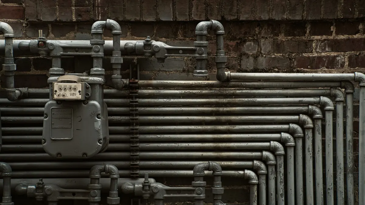 Metal pipework and a meter mounted against a wall